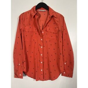 Abercrombie Fitch Womens Bee Print Button Up Shirt Red Poly Long Sleeve Sz XS